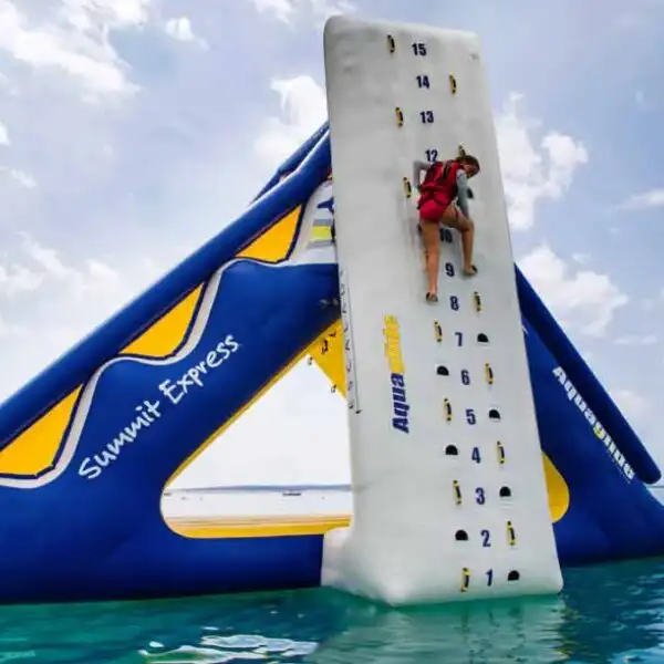 5. Climbing wall, Standing at well over 20ft high, Experience the adrenaline rush as you climb to the top but remember what goes up must come down as you now must take the leap into the waters below! West Lake Aqua Park
