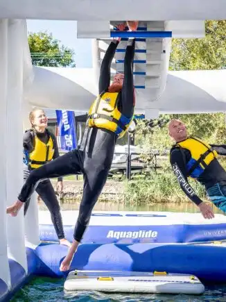 Monkey Dome, Swing and climb through the adventure of our monkey bars. If you can’t make it across the climbing bars then hang tight as you work your way around the giant columns. One wrong move and your going for a dip! West Lake Aqua Park